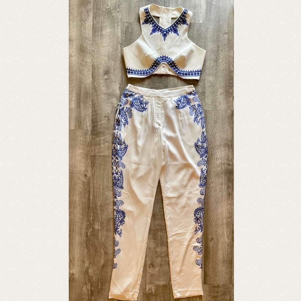 The Jetset Diaries Ruffian Pants and Crop Top Set, in White/Majorelle